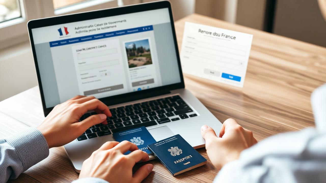 Renouvellement d'un titre de séjour en ligne sur le portail ANEF, passeport et carte de séjour posés sur un bureau