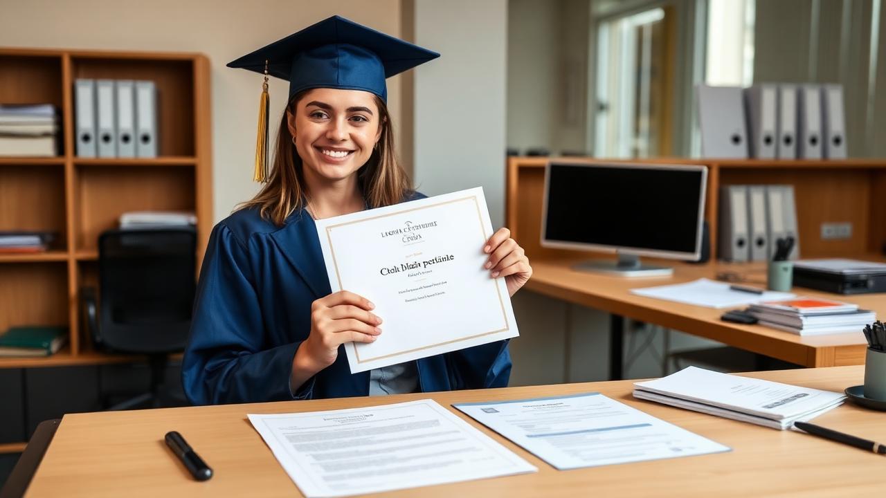 Jeune diplômé tenant son diplôme et son contrat de travail lors d'un changement de statut étudiant vers salarié en France