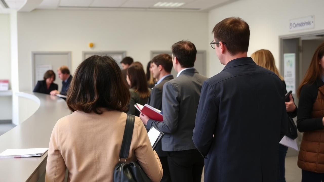 File d'attente au guichet d'une préfecture française, usagers tenant leurs dossiers administratifs